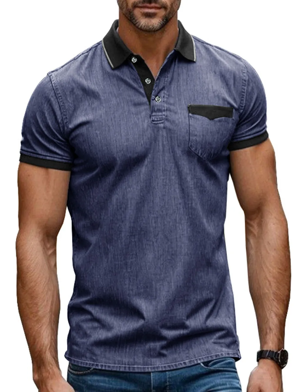 Men's Contrast Collar Pocket Polo Shirt, image 3