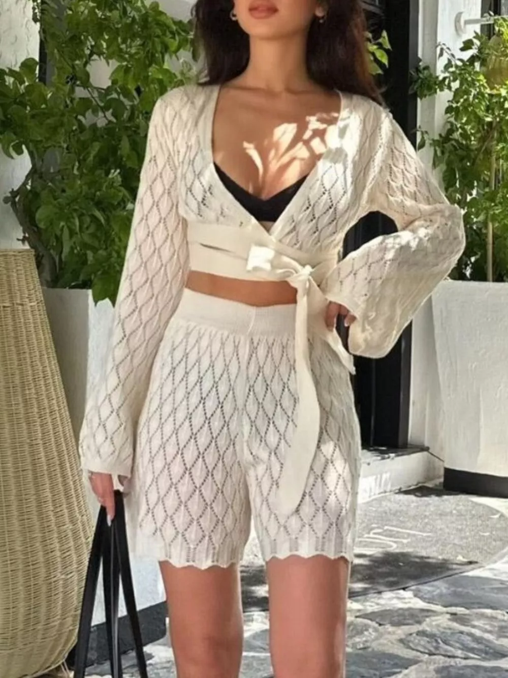 Openwork Long Sleeve Top and Shorts Set, image 5