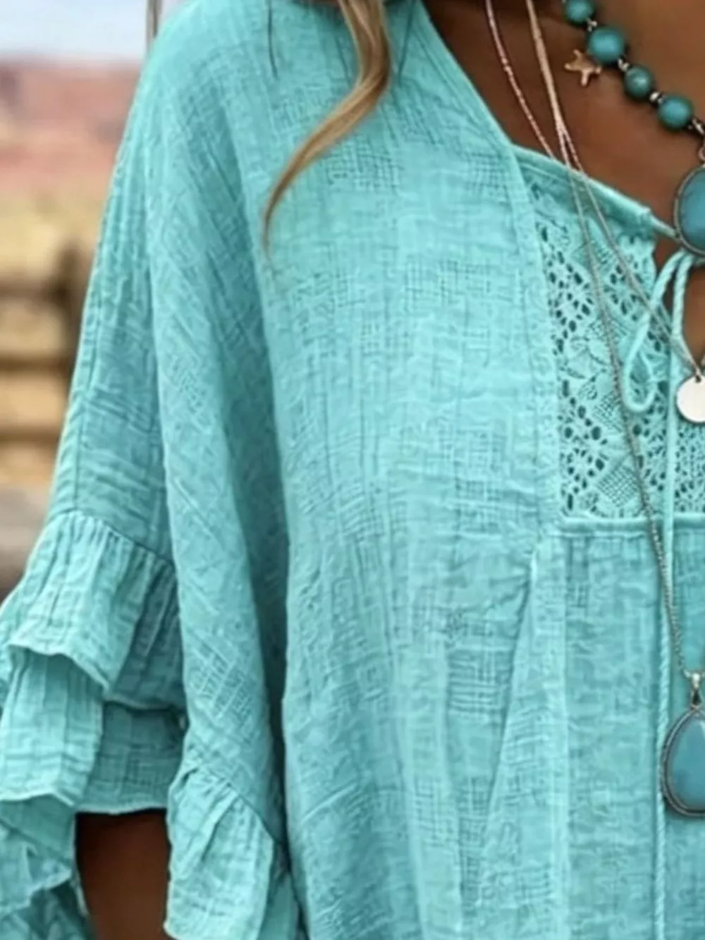 Full Size Tassel Tie Neck Ruffled Hem Blouse Plus Size, image 5