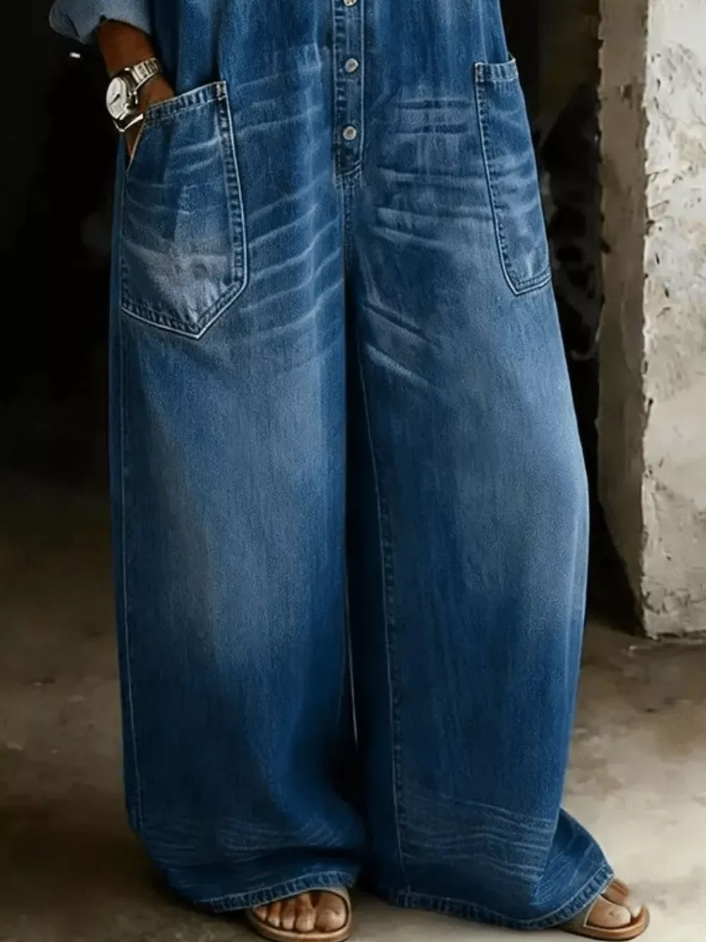 Full Size Cold Shoulder Button Front Denim Jumpsuit Plus Size, image 3