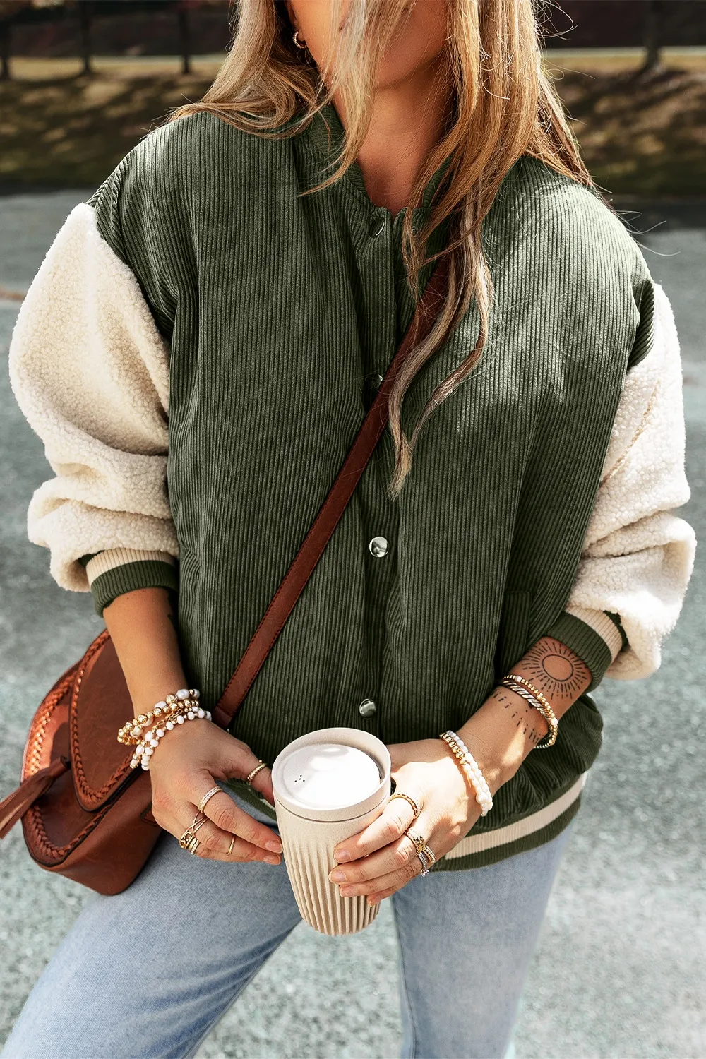 Contrast Baseball Collar Snap Down Long Sleeve Jacket, image 4