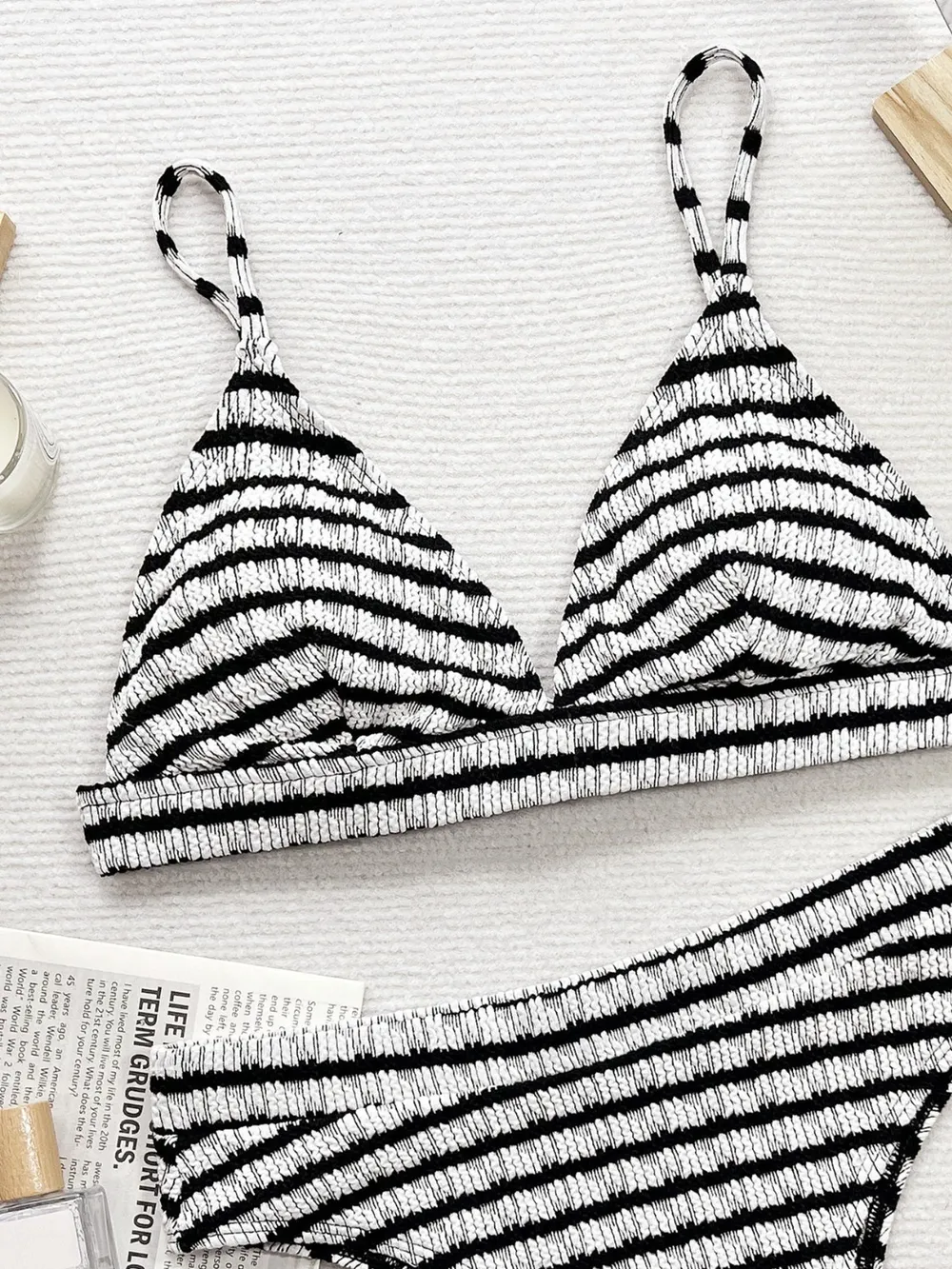 Striped V-Neck Two-Piece Swim Set, image 2