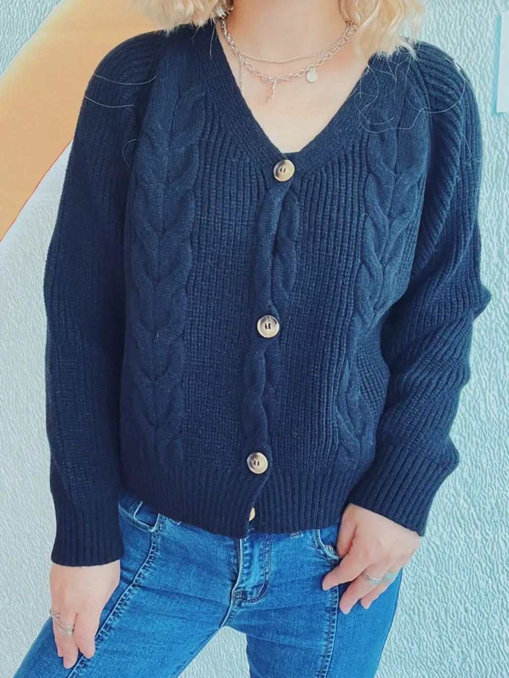Cable-Knit V-Neck Button Down Long Sleeve Cardigan, image 9