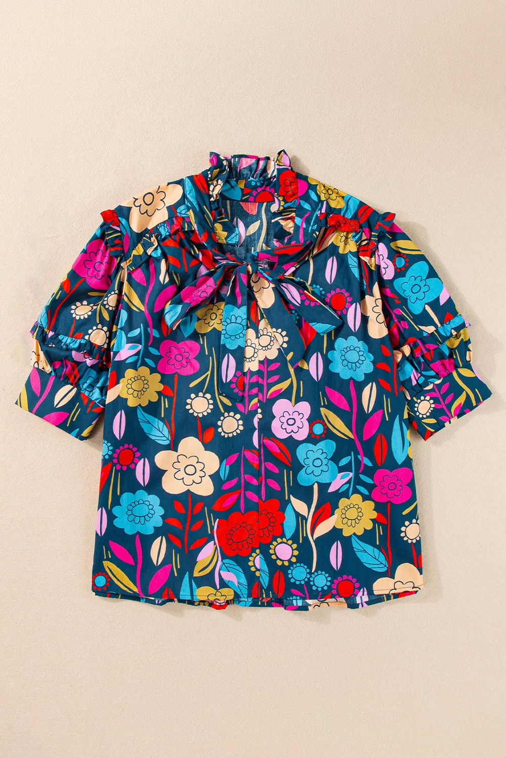 Printed Tie Neck Half Sleeve Blouse, image 2