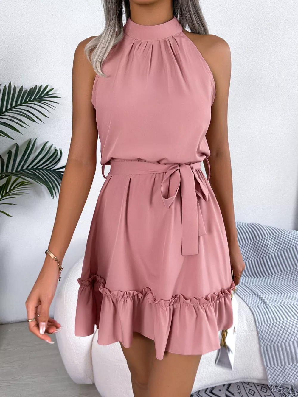 Halter Neck Ruffle Hem A-Line Dress, image 4