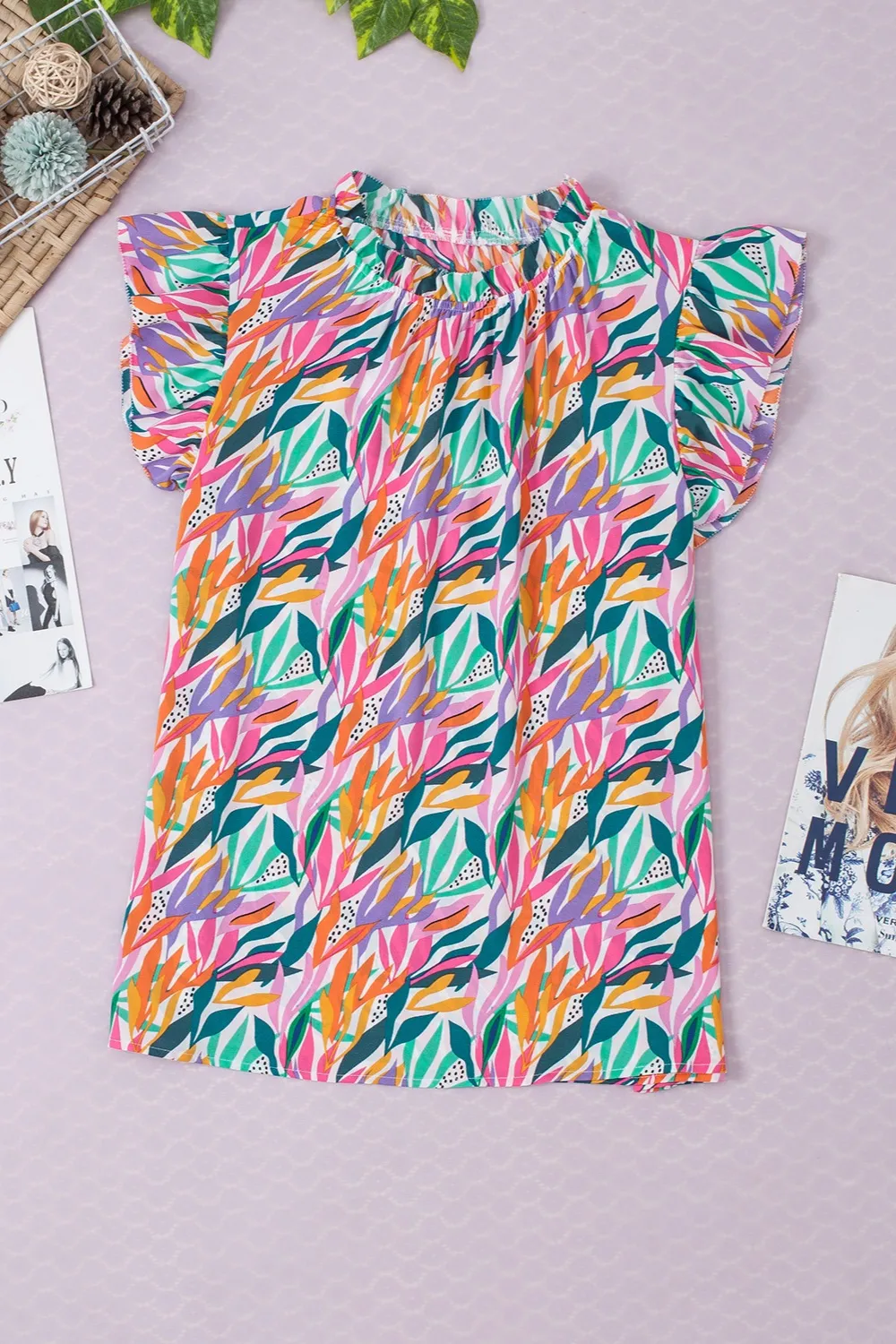 Printed Round Neck Cap Sleeve Blouse, image 2