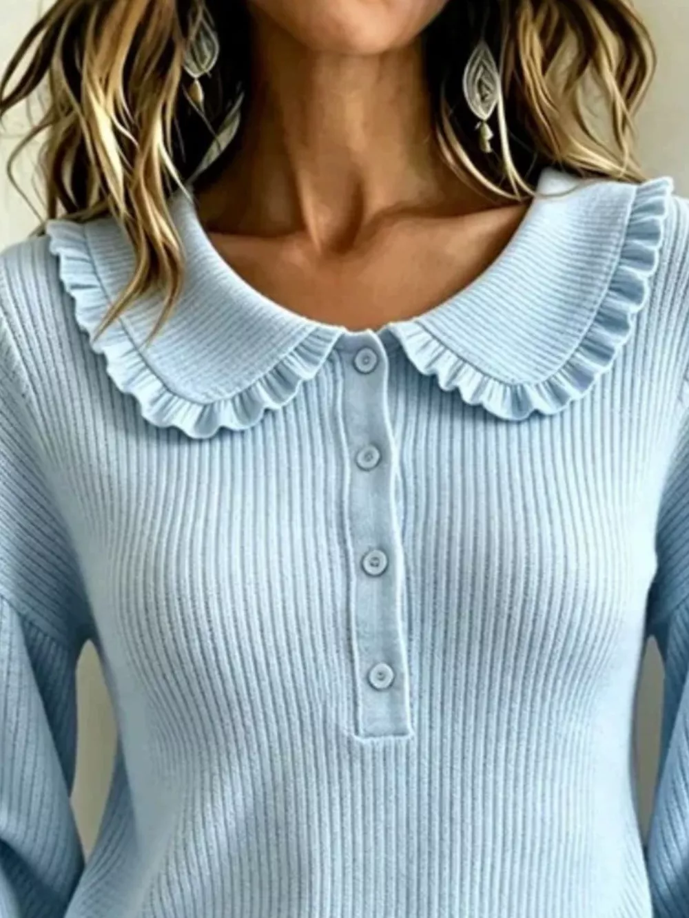 Full Size Ruffle Collar Button Detail Sweater Plus Size, image 3