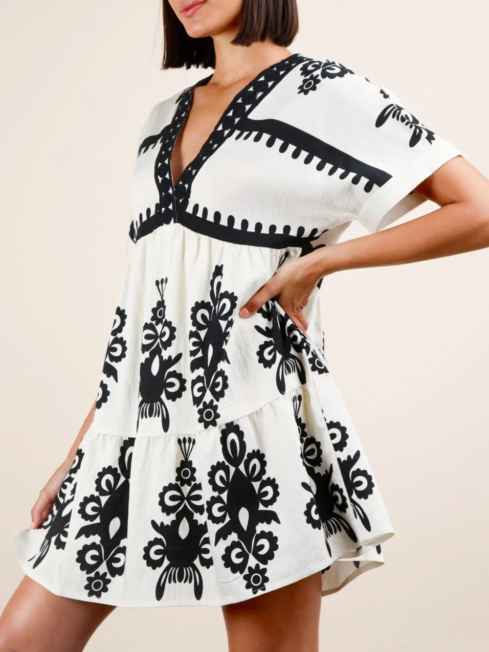 Printed V-Neck Short Sleeve Mini Dress, image 2
