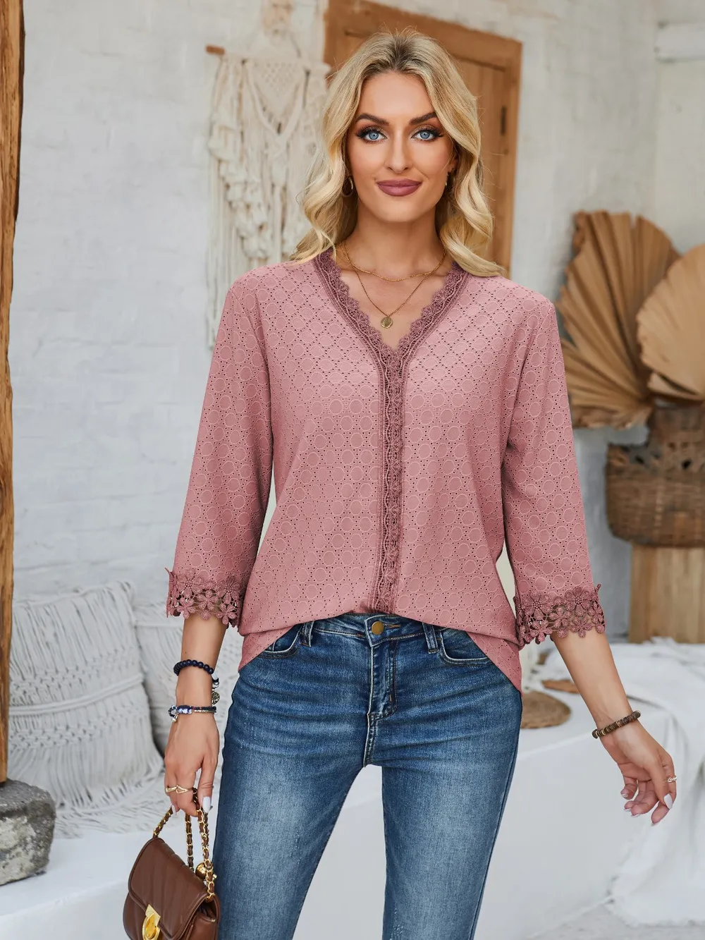 Lace Detail V-Neck Three-Quarter Sleeve Blouse, image 2