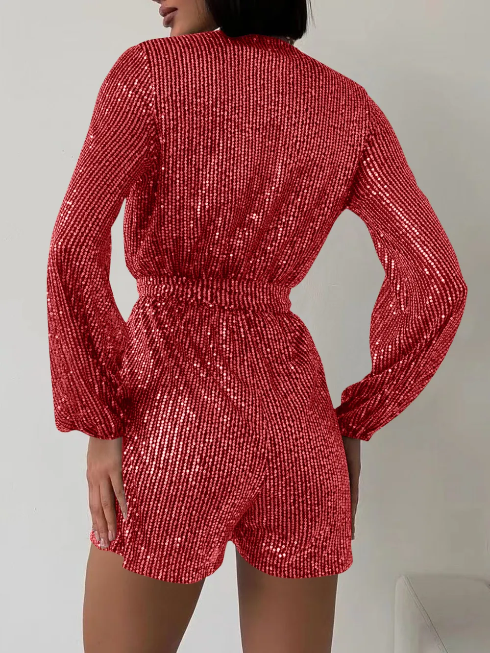 Full Size Sequin Surplice Tie Waist Long Sleeve Romper, image 5