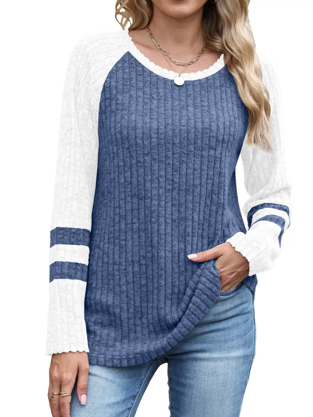 Ribbed Knit Raglan Long Sleeve T-Shirt, image 4