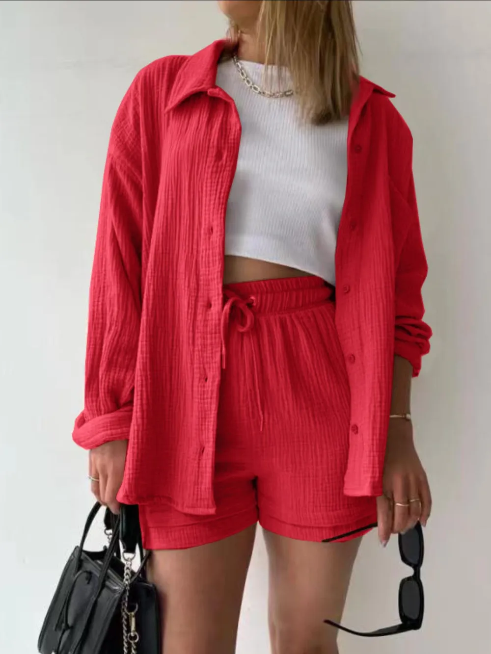 Textured Button Up Shirt and Shorts Set, image 4