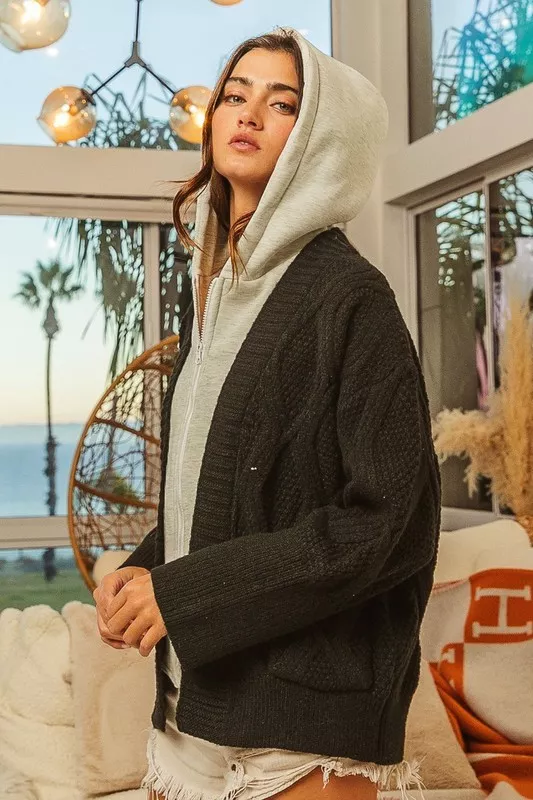 Knit Hoodie Rhombus Sweater Jacket, image 3