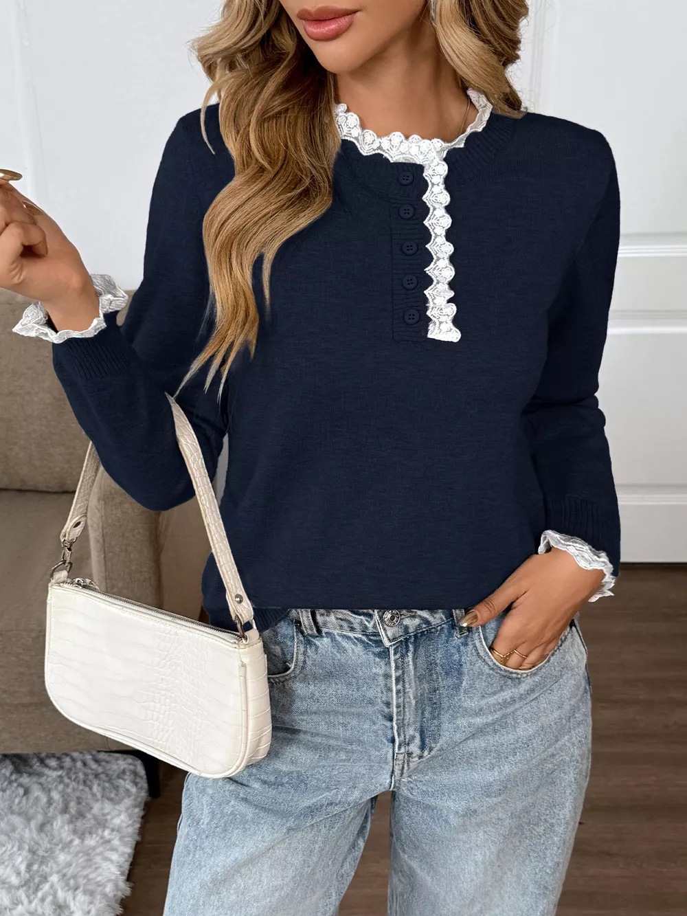 Lace Trim Button Detail Sweater, image 9