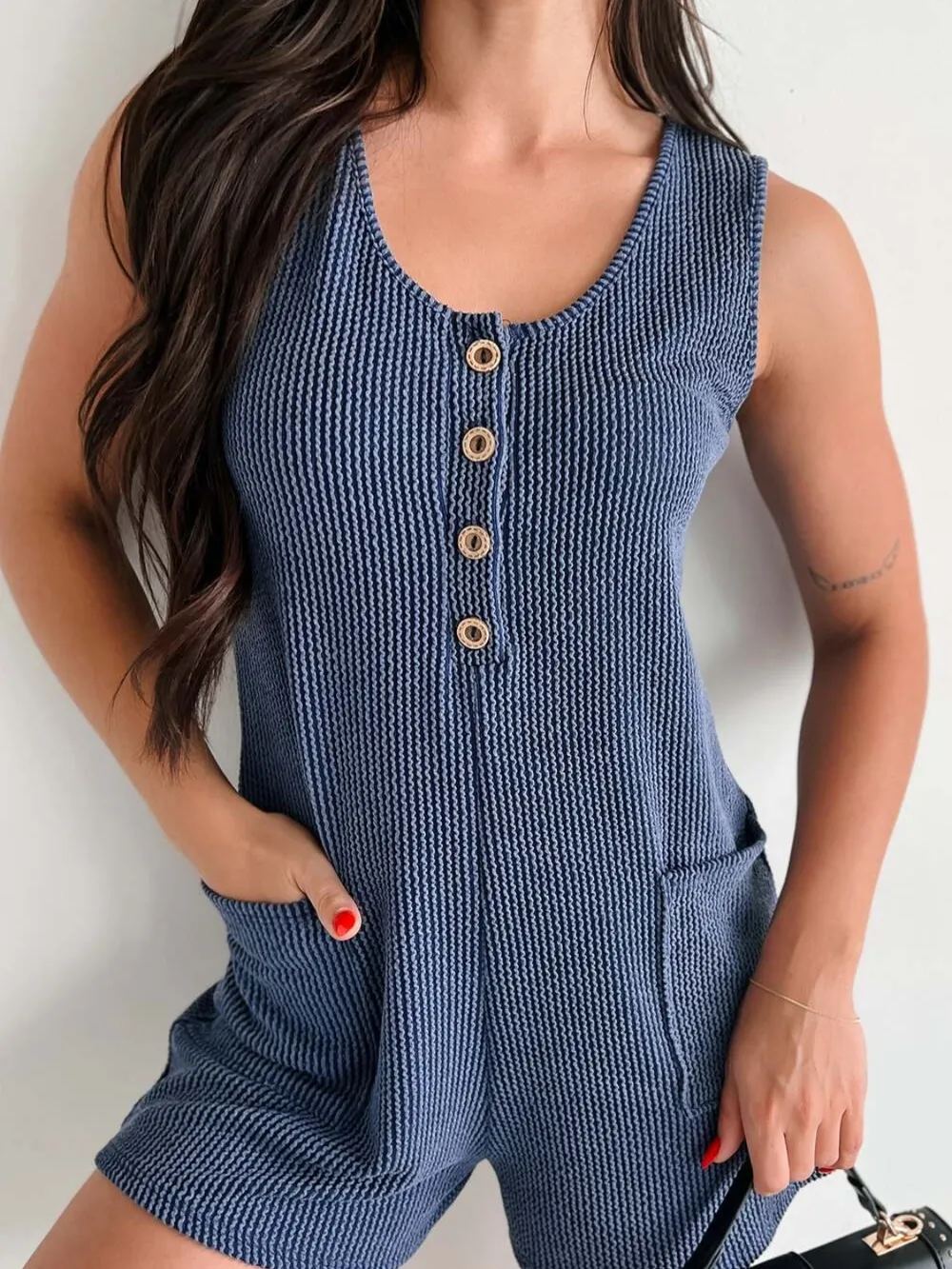 Texture Wide Strap Romper with Pockets, image 4