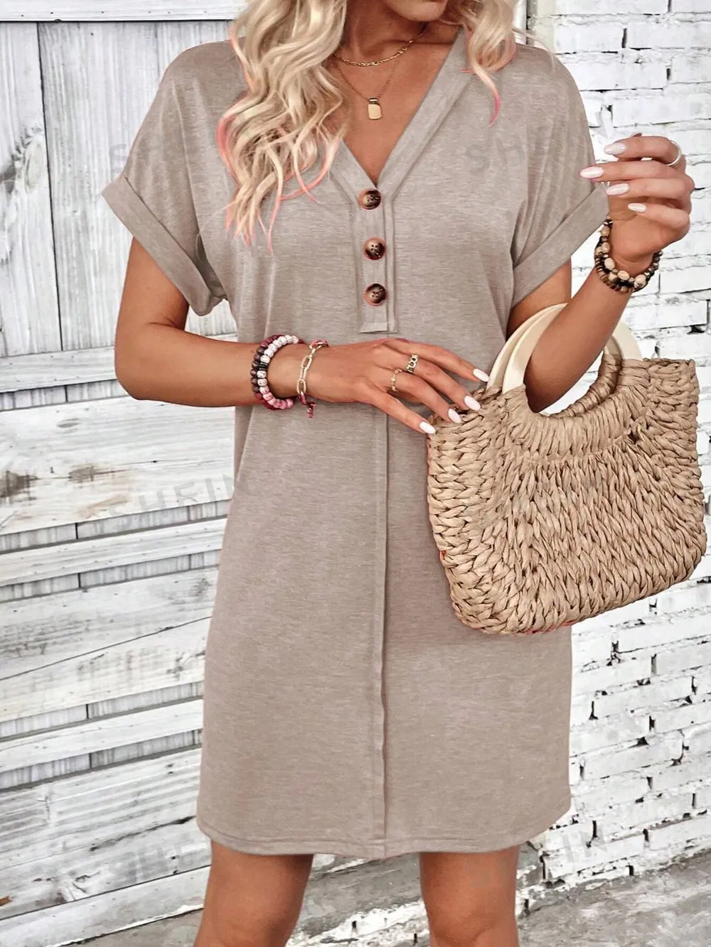 Quarter Button V-Neck Short Sleeve Dress, image 7