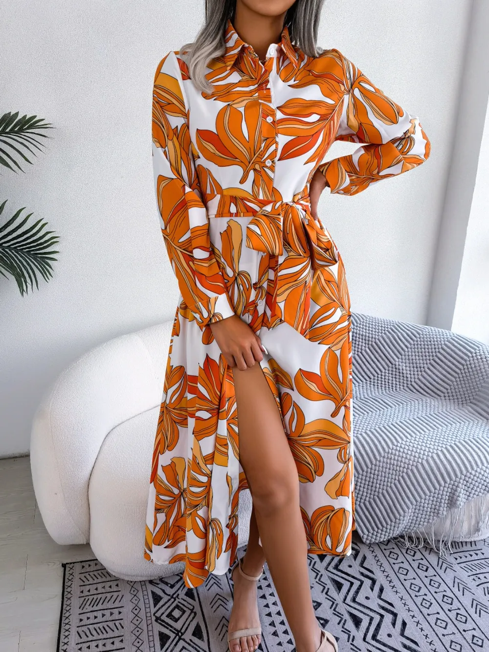 Tied Button Up Long Sleeve Dress, image 3