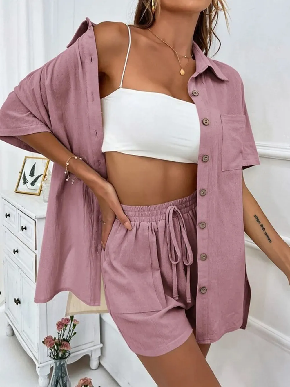 Button Up Shirt and Drawstring Shorts Set, image 4