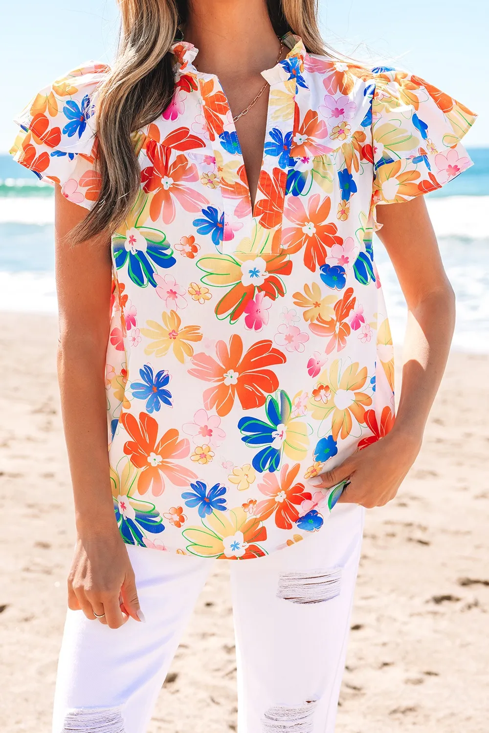 Ruffled Printed Notched Cap Sleeve Blouse