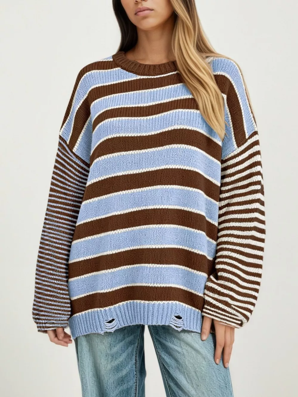 Oversized Striped Distressed Sweater, image 7