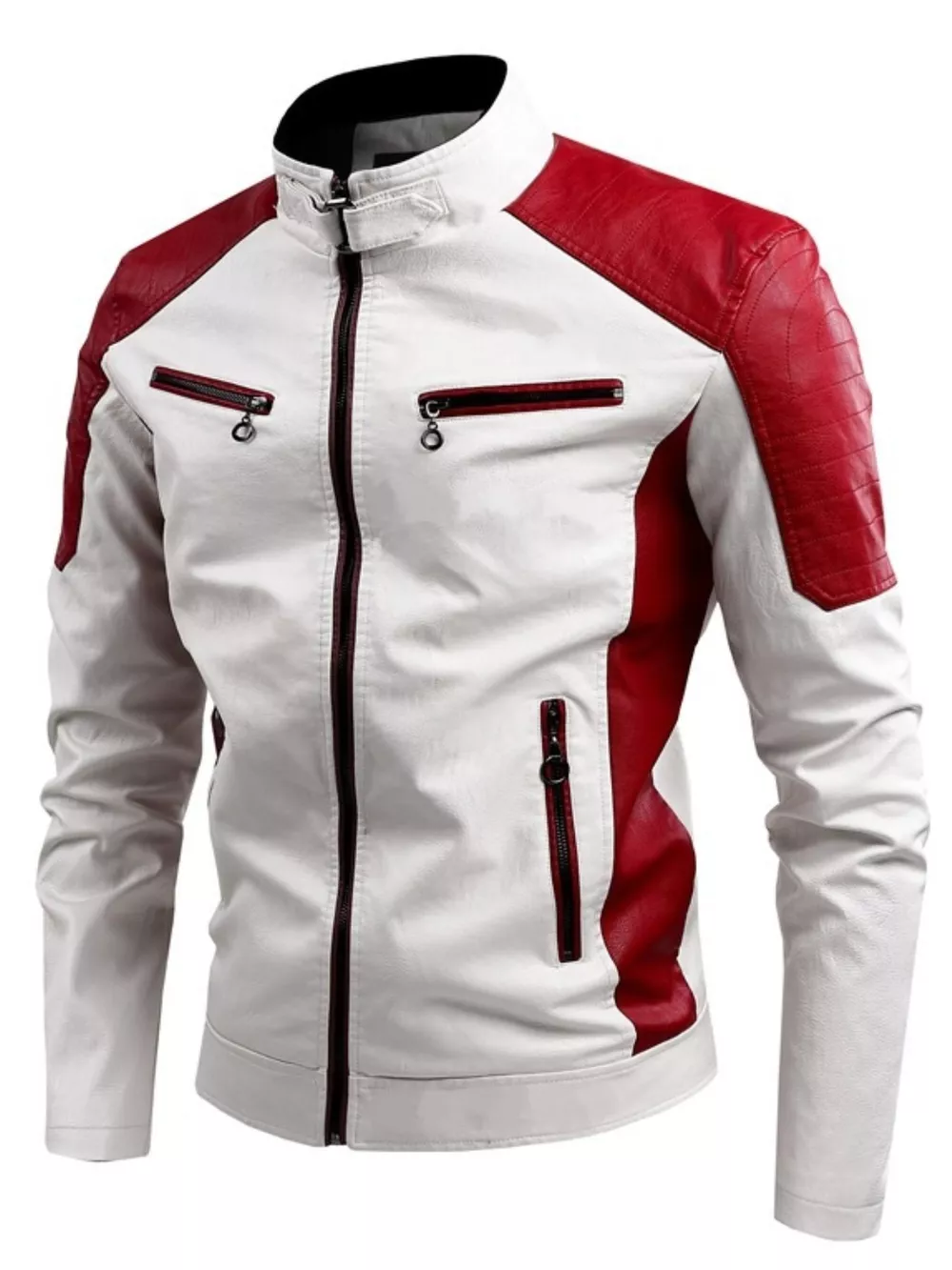 Men's Plus Size Two-Tone Slim Fit Motorcycle Leather Jacket, image 4