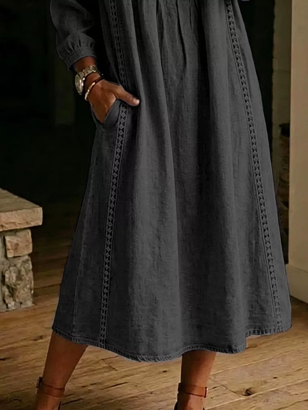 Full Size Lace Trim Long Sleeve Midi Dress Plus Size, image 9
