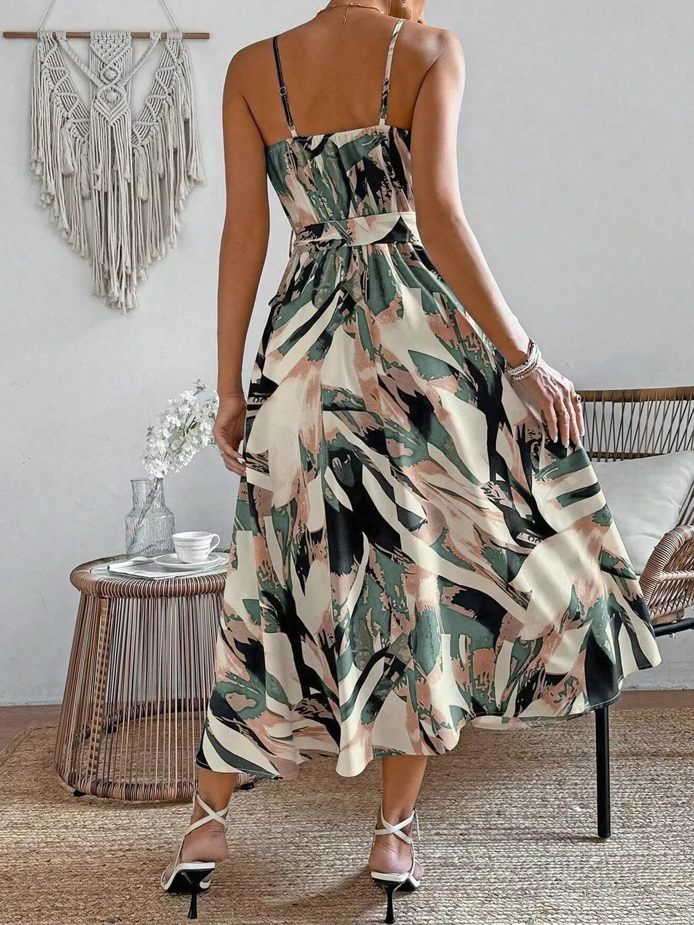 Abstract Print Tie Waist Cami Dress, image 3