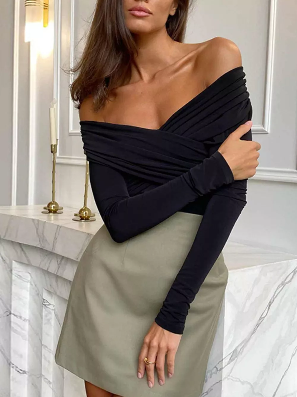 Off-Shoulder Ruched Long Sleeve Bodysuit, image 5