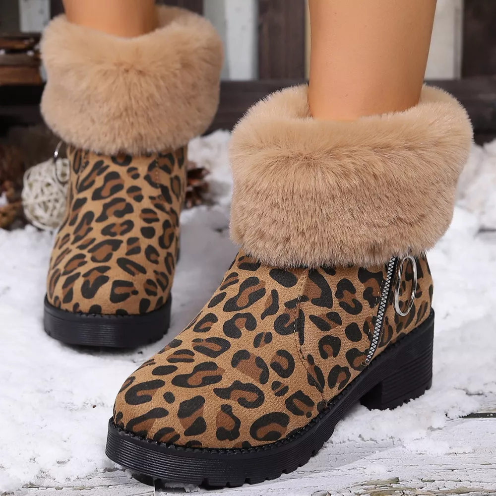 Fuzzy Cuff Leopard Print Ankle Boots, image 3