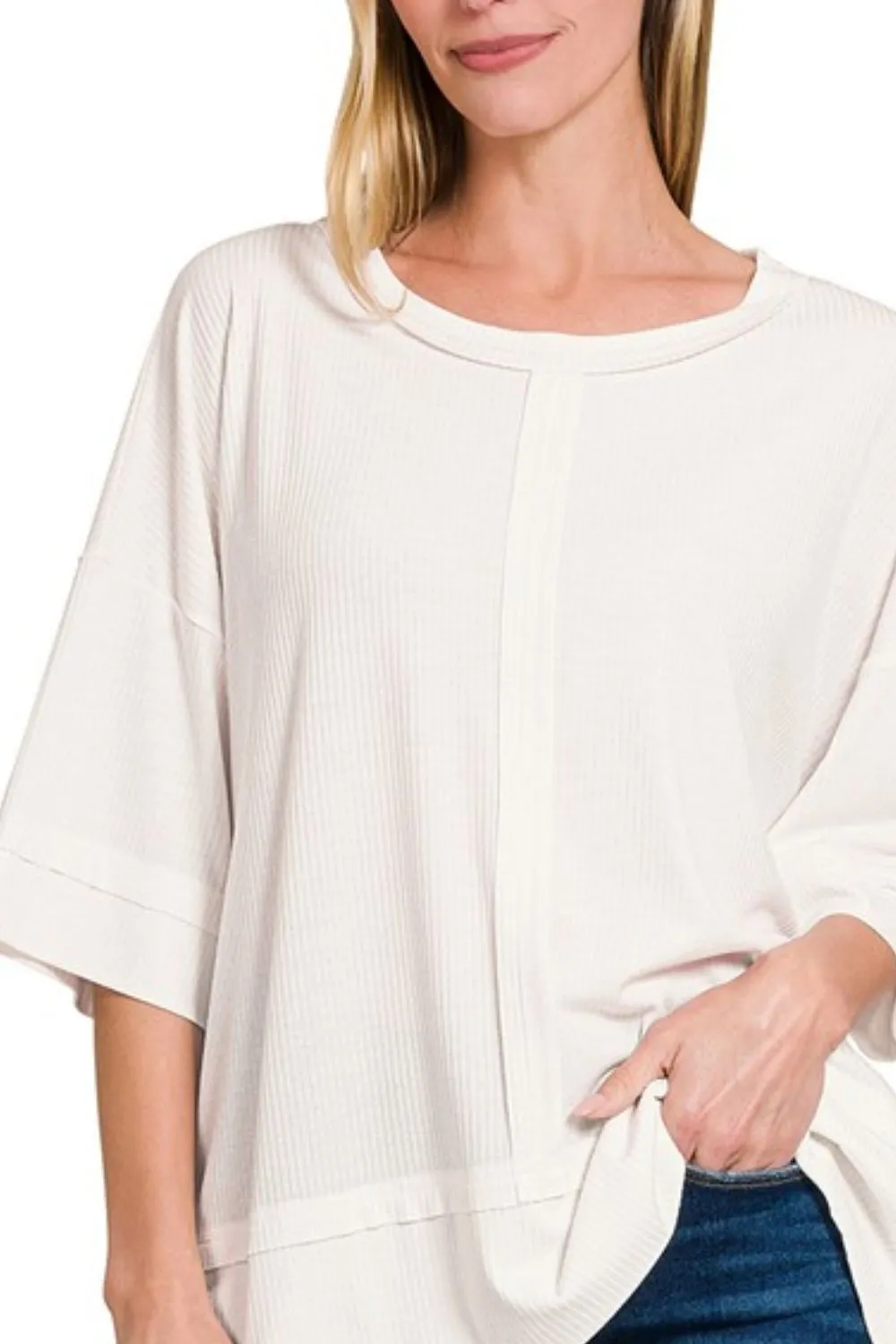 Ribbed Boat Neck 3/4 Sleeve Top, image 2