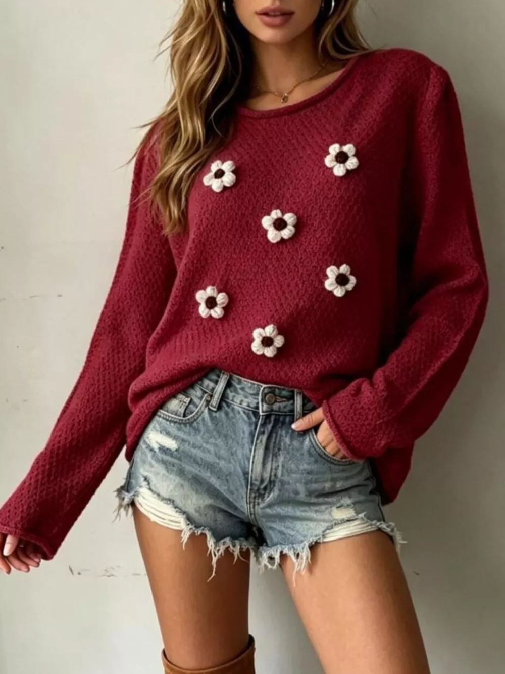 Full Size Floral Applique Textured Knit Sweater Plus Size, image 12