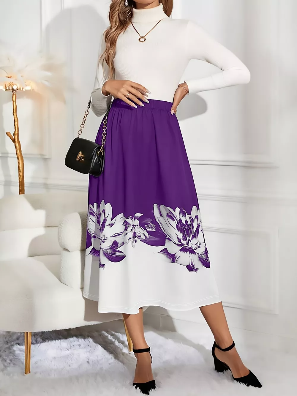 Floral Print A-Line Midi Skirt, image 2