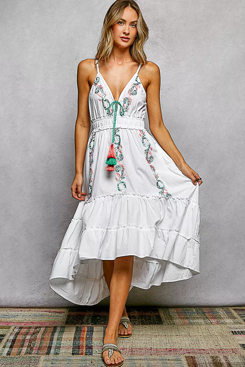 Embroidered Detail Tassel Tie Smocked Waist Midi Tiered Cami Dress