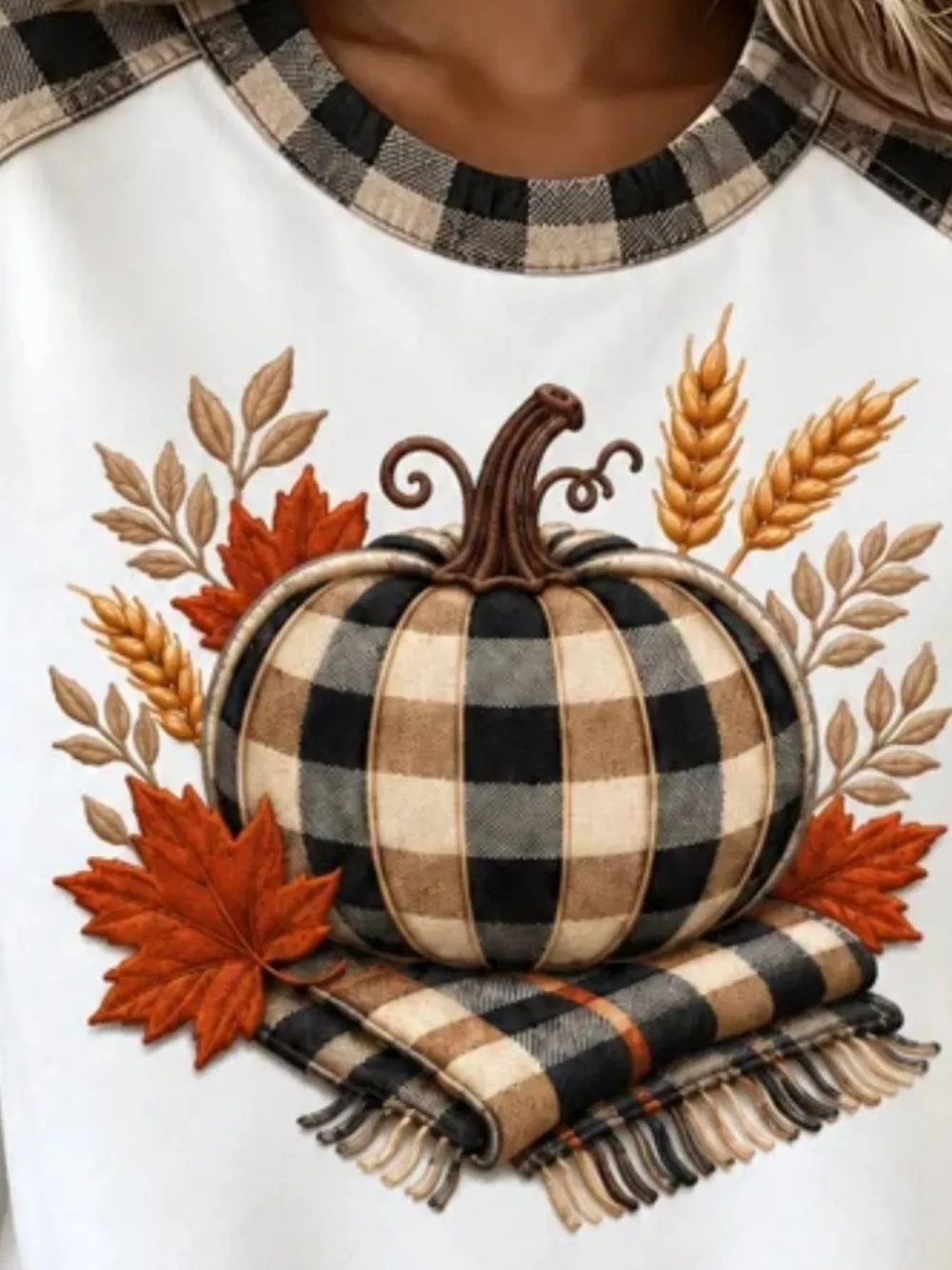 Full Size Pumpkin Plaid Patchwork Long Sleeve Sweatshirt Plus Size, image 3