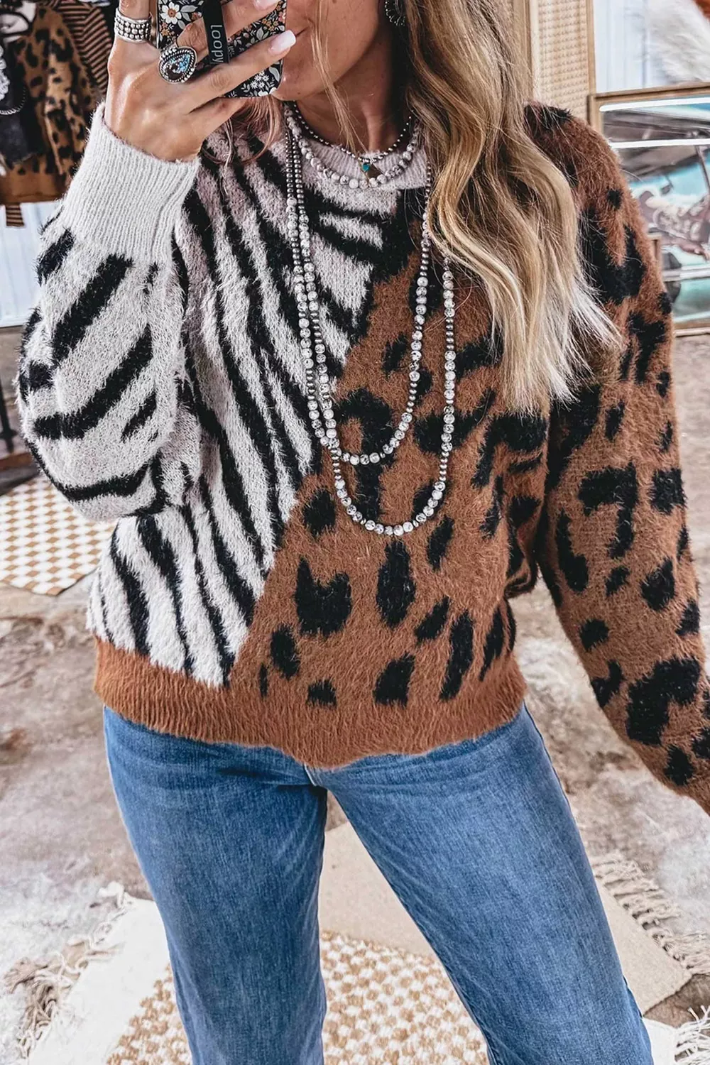 Western Leopard Zebra Print Long Sleeve Round Neck Sweater, image 2