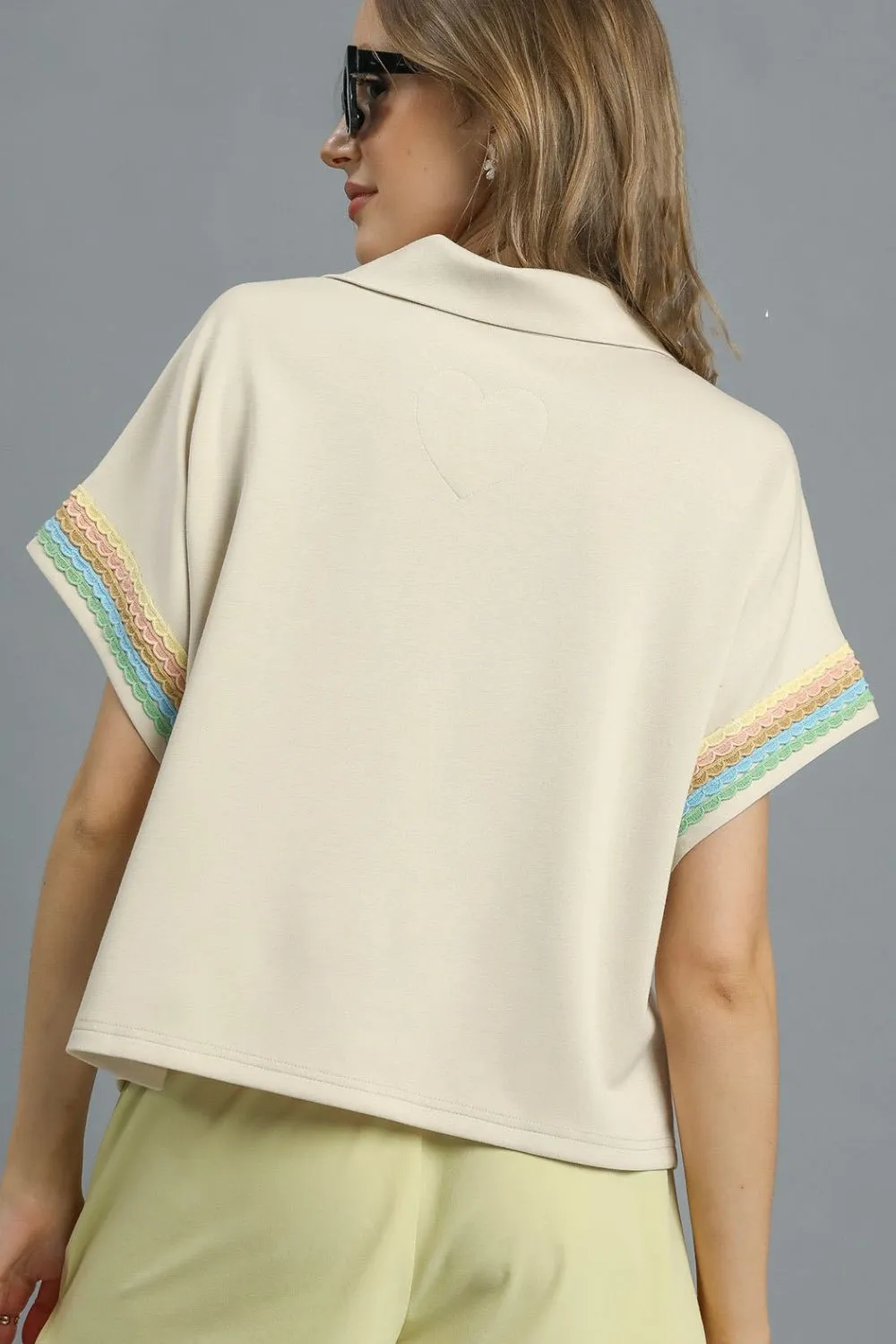 Contrast Trim Half Zip Collared Blouse, image 3