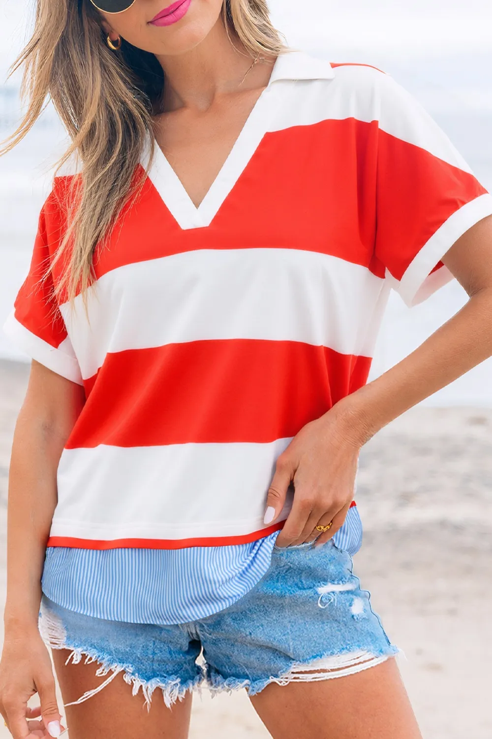 Stripe Collar V Neck Cuffed Dolman Short Sleeve Top, image 3