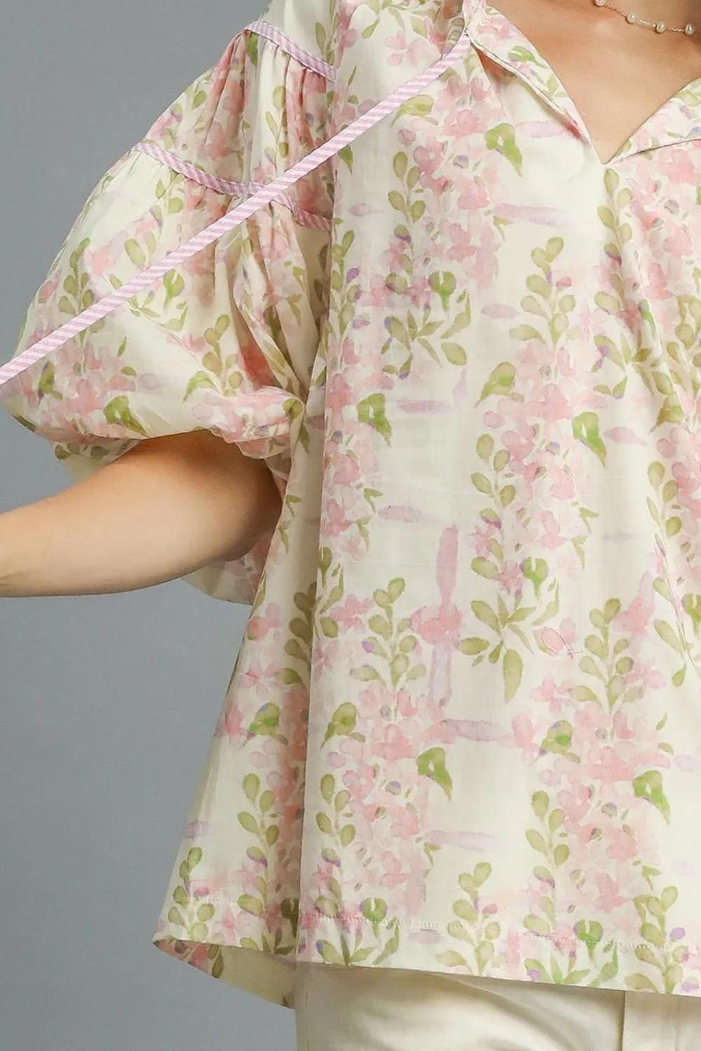 Floral Print Puff Sleeve Tie Neck Blouse, image 3