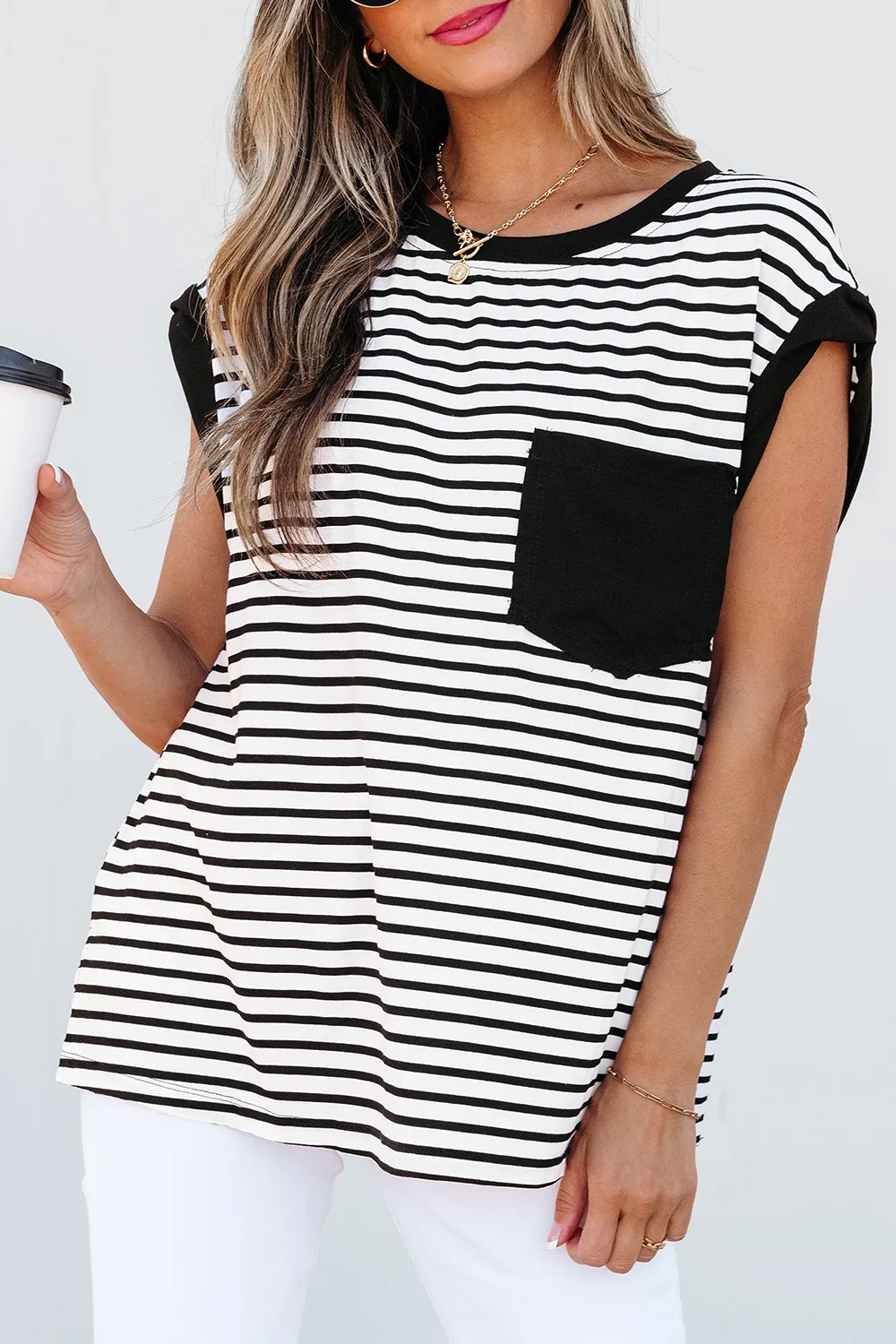 Striped Round Neck Cap Sleeve Top, image 9
