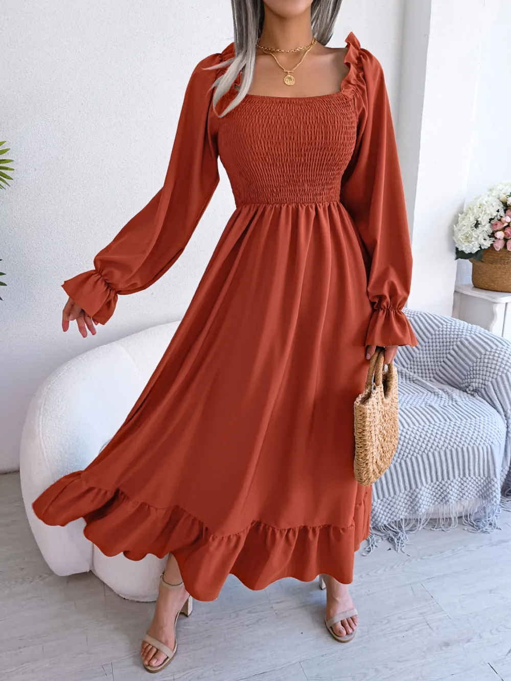 Smocked Square Neck Flounce Sleeve Dress, image 6