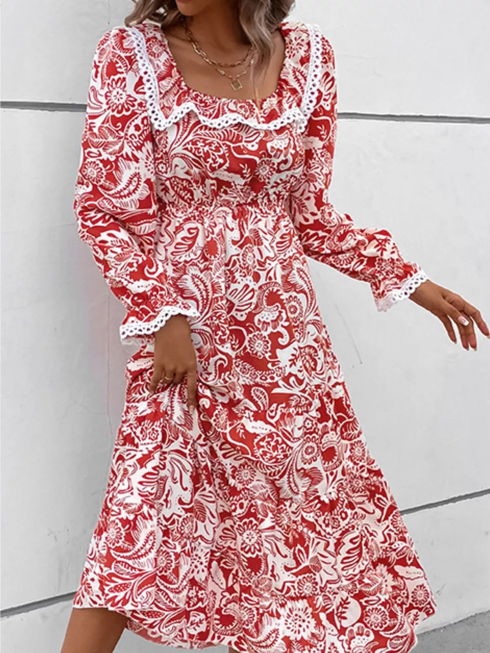 Printed Square Neck Long Sleeve Dress, image 2