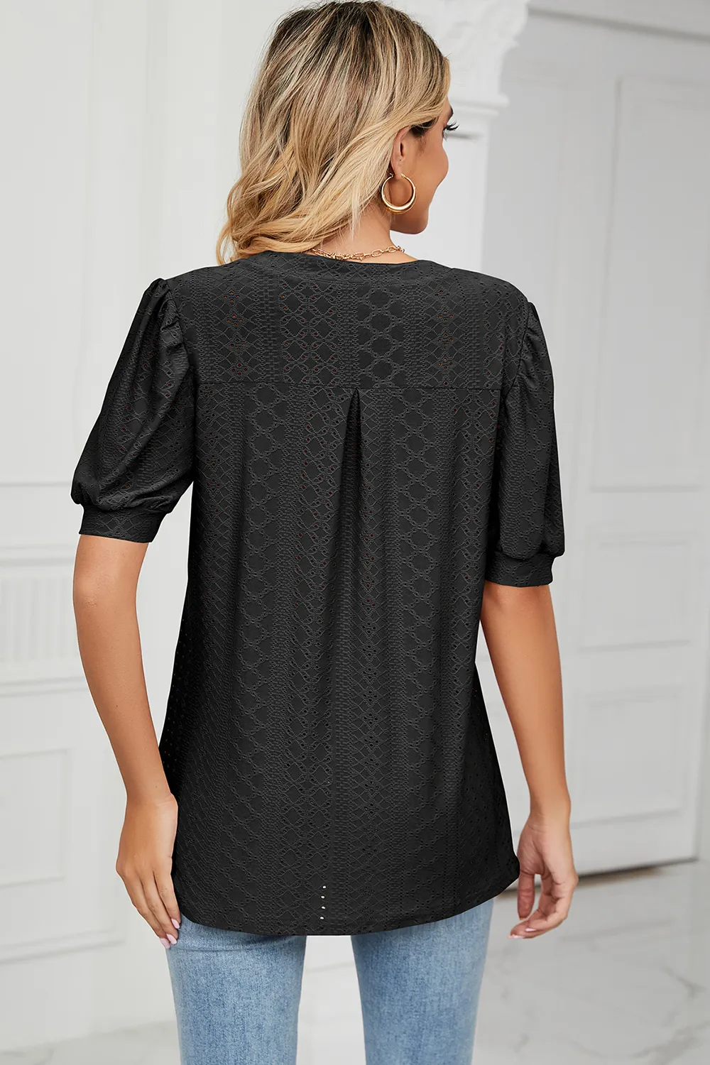 Eyelet Notched Short Sleeve T-Shirt, image 9