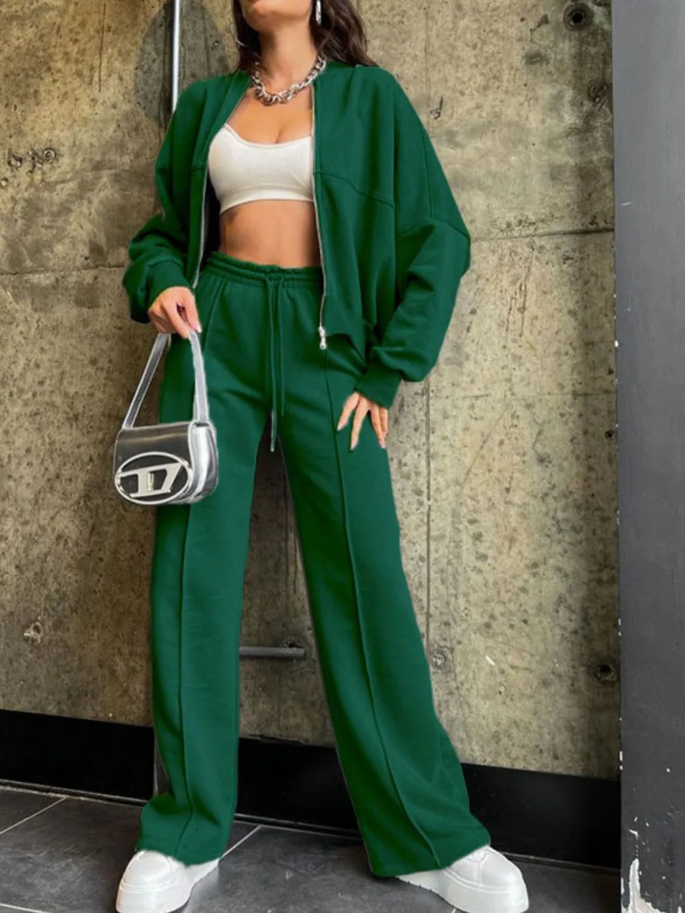 Baseball Collar Zip Up Top and Drawstring Paants Set, image 21