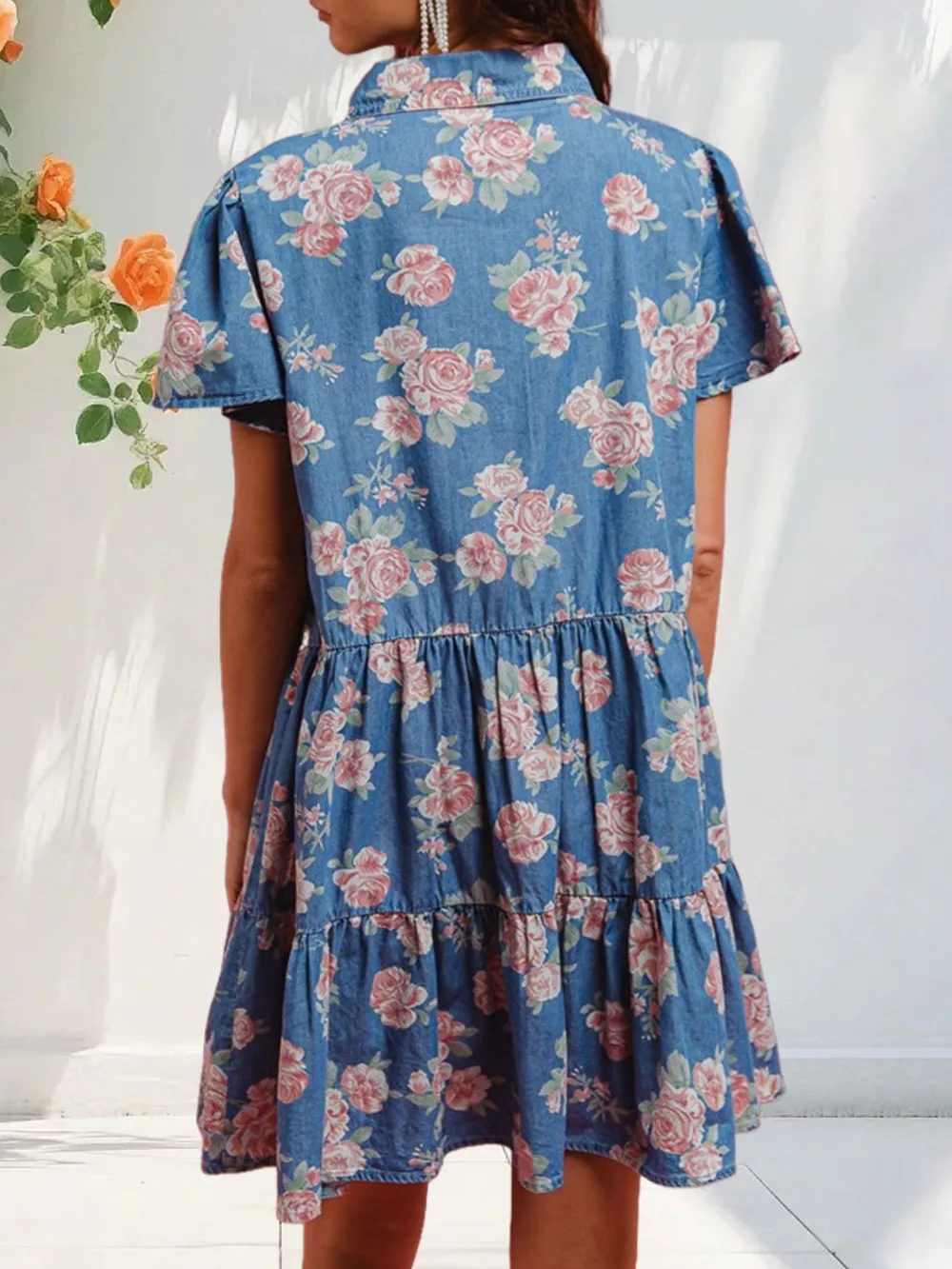 Floral Print Denim Button-Down Tiered Mini Dress, image 6