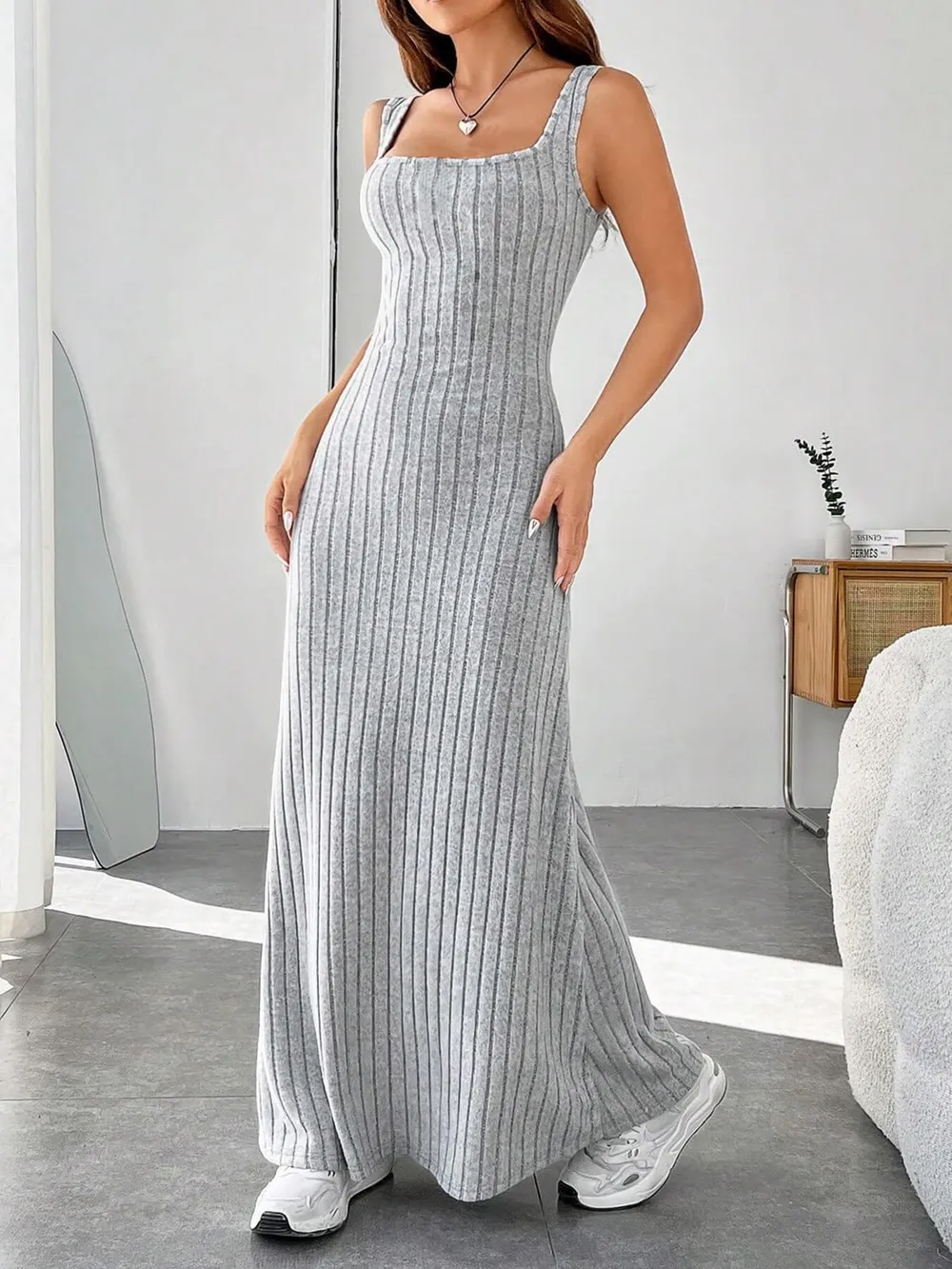 Ribbed Knit Square Neck Sleeveless Maxi Dress, image 9