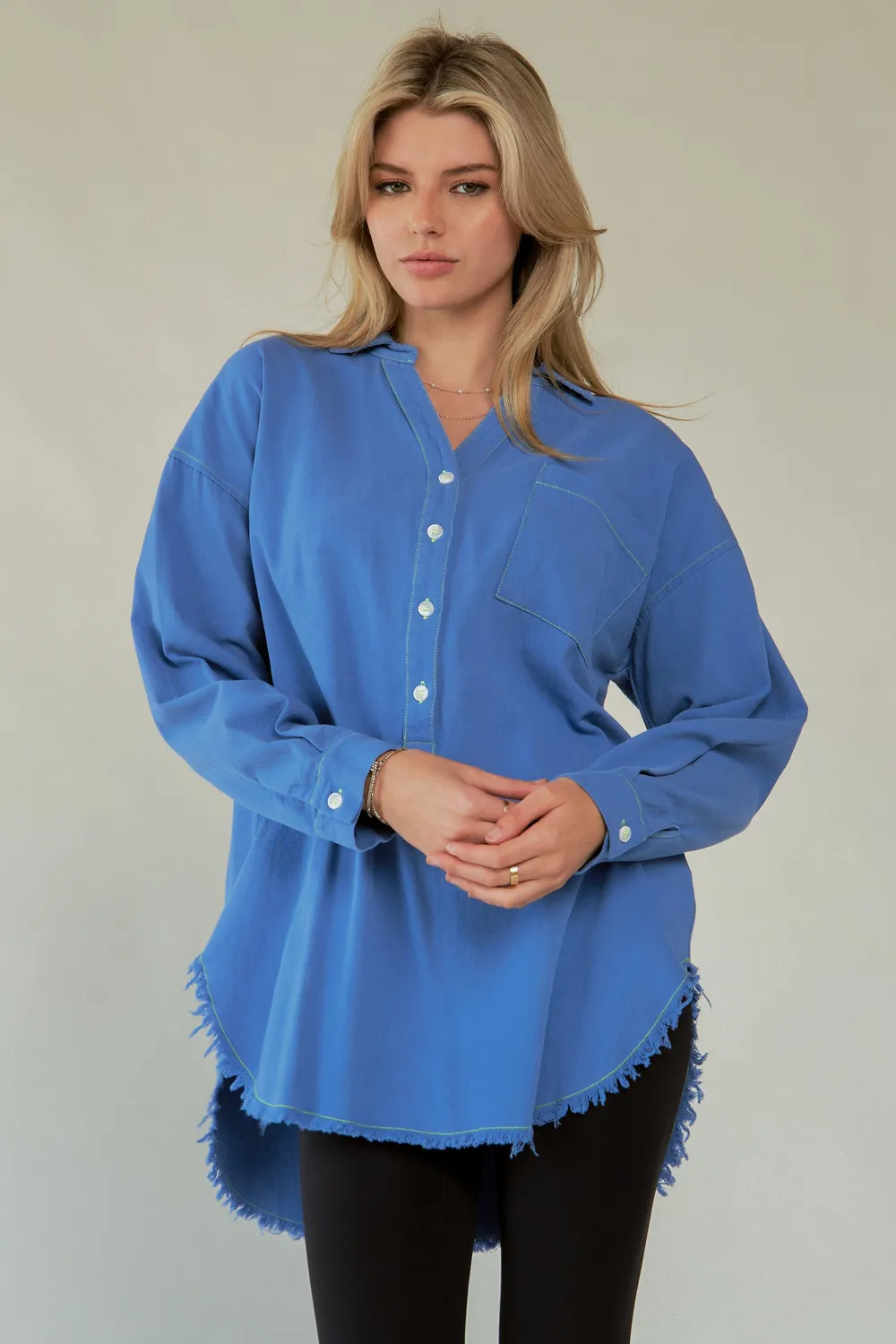 Letter Back Raw Hem Half Button Shirt, image 7