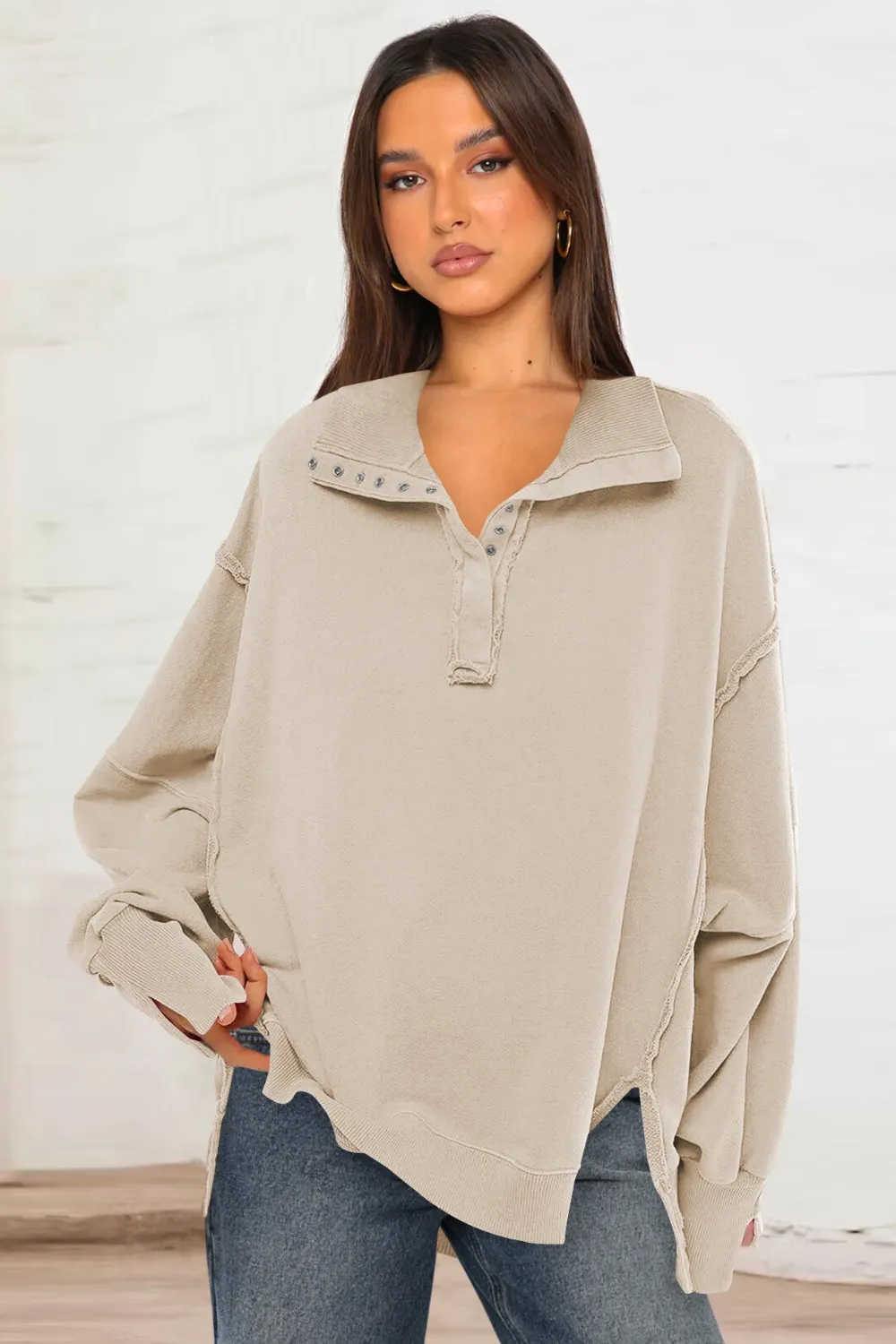 Exposed Seam Side Slit Long Sleeve Sweatshirt, image 9