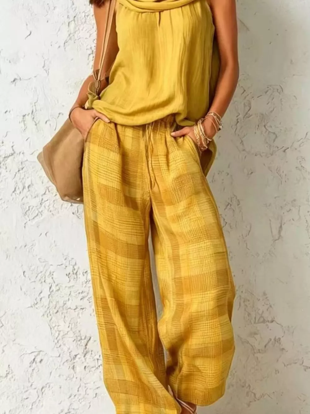 Full Size Sleeveless Cowl Neck Top and Plaid Wide-Leg Pant Two-Piece Set Plus Size, image 16
