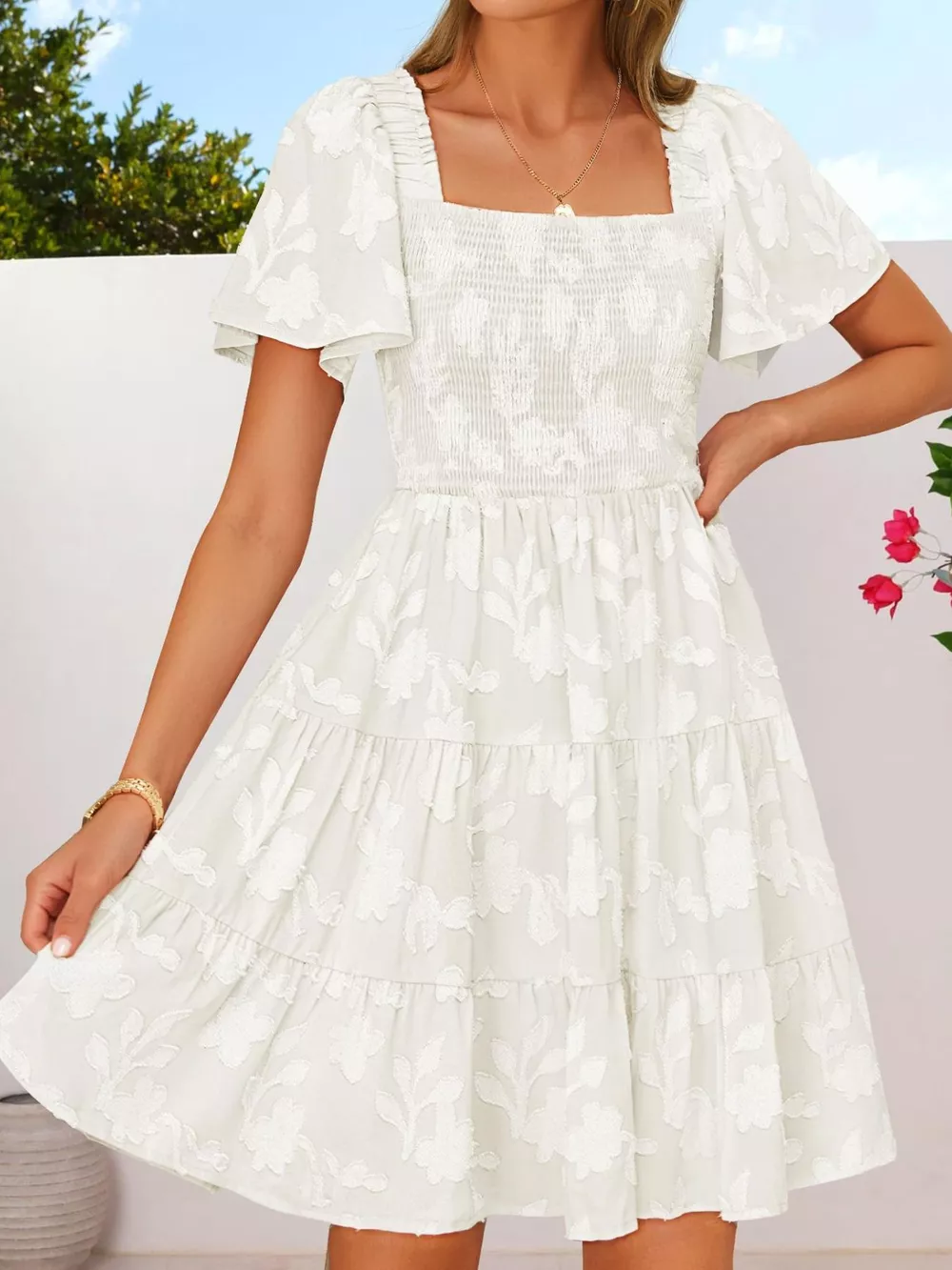Smocked Square Neck Tiered Mini Dress, image 15