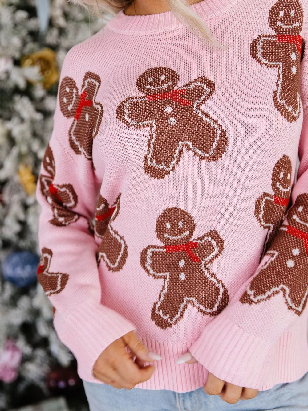 Gingerbread Pattern Round Neck Long Sleeve Shift Sweater, image 6